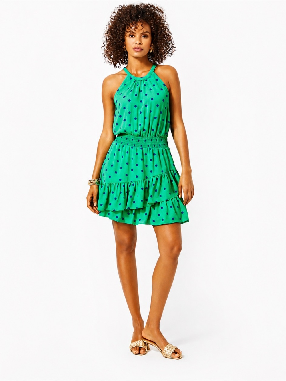 Lilly Pulitzer NWT Green Blue Polka Dot Halter Ruffle Mini Dress Women’s 16